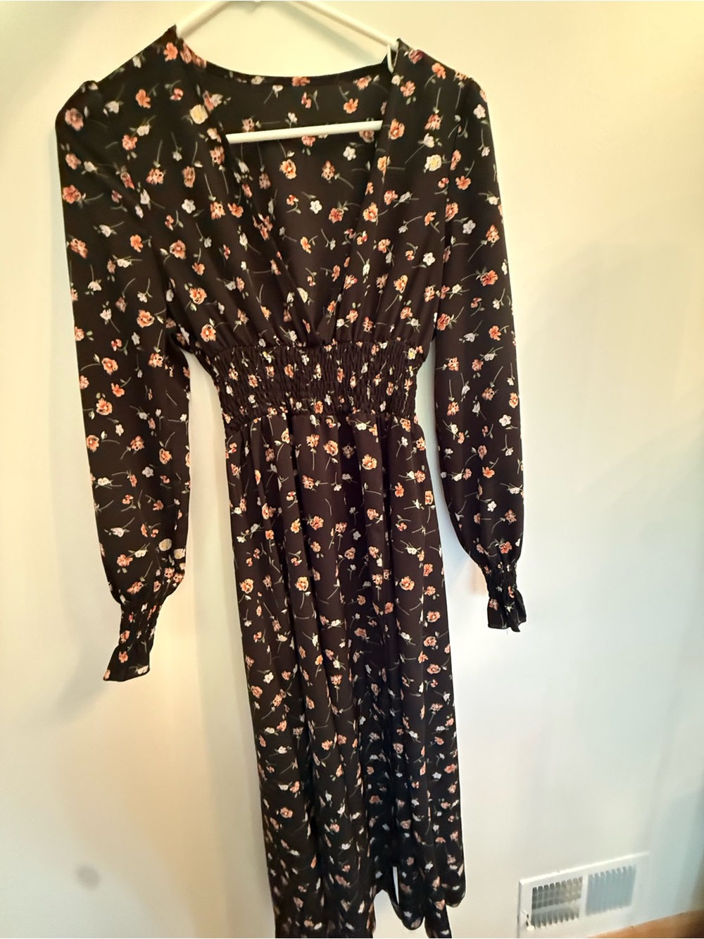 SHEIN Black Floral Long Sleeve Smocked-Waist Midi Dress